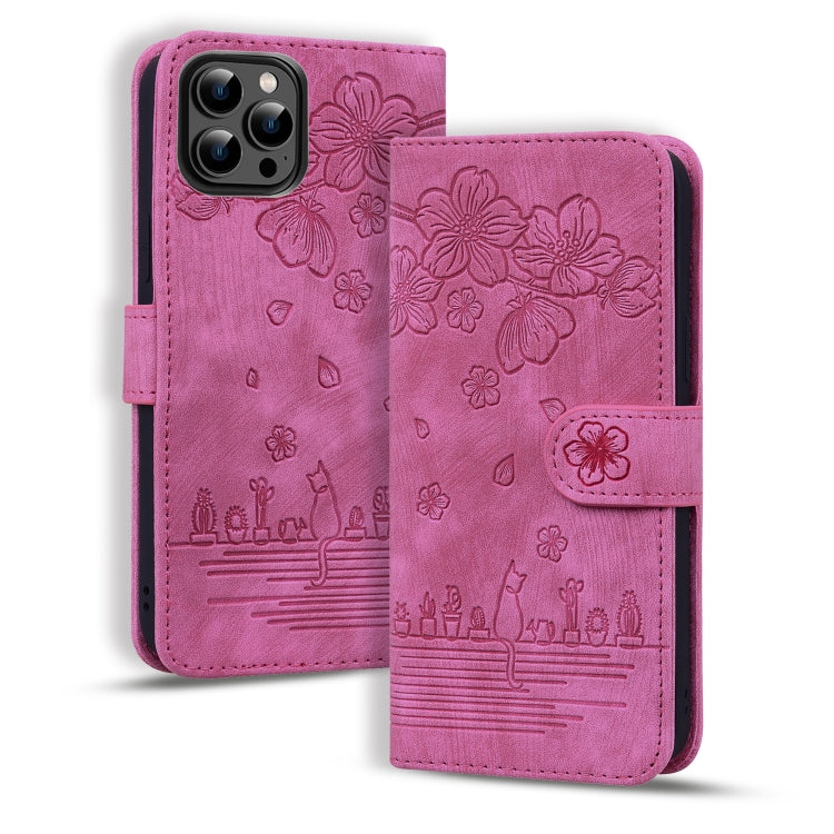 For iPhone 16 Pro Max Cartoon Sakura Cat Embossed Leather Phone Case(Rose Red) by buy2fix