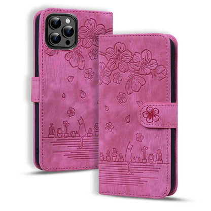 For iPhone 16 Pro Max Cartoon Sakura Cat Embossed Leather Phone Case(Rose Red) by buy2fix
