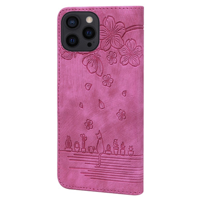 For iPhone 16 Pro Max Cartoon Sakura Cat Embossed Leather Phone Case(Rose Red) by buy2fix