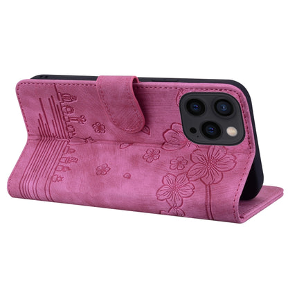 For iPhone 16 Pro Max Cartoon Sakura Cat Embossed Leather Phone Case(Rose Red) by buy2fix
