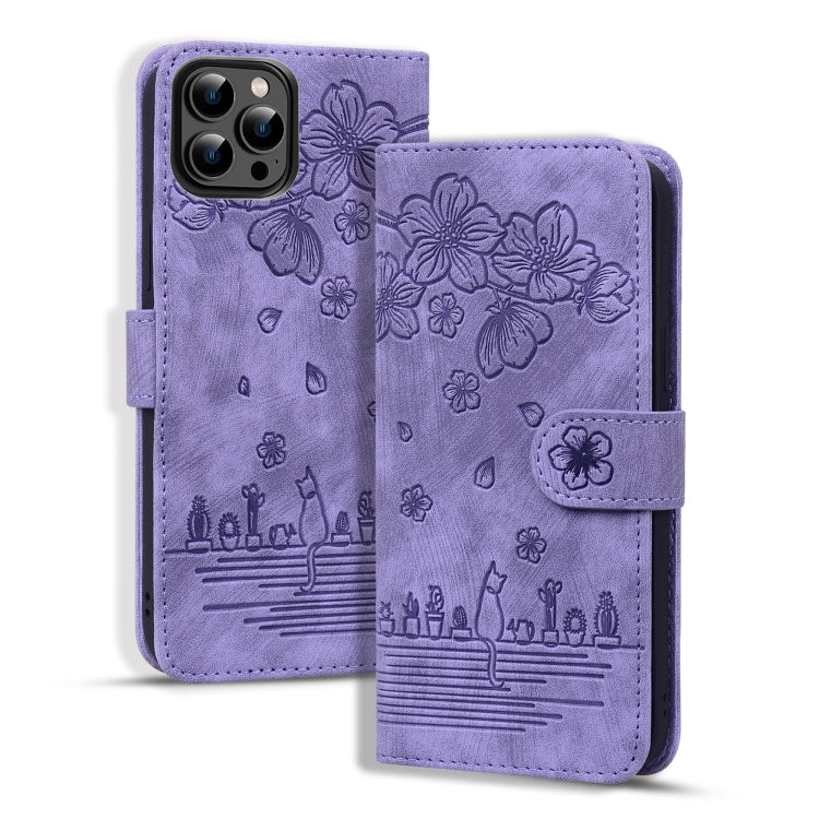 For iPhone 16 Pro Max Cartoon Sakura Cat Embossed Leather Phone Case(Purple) by buy2fix