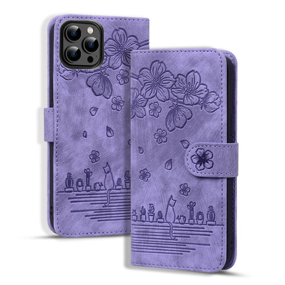 For iPhone 16 Pro Max Cartoon Sakura Cat Embossed Leather Phone Case(Purple) by buy2fix