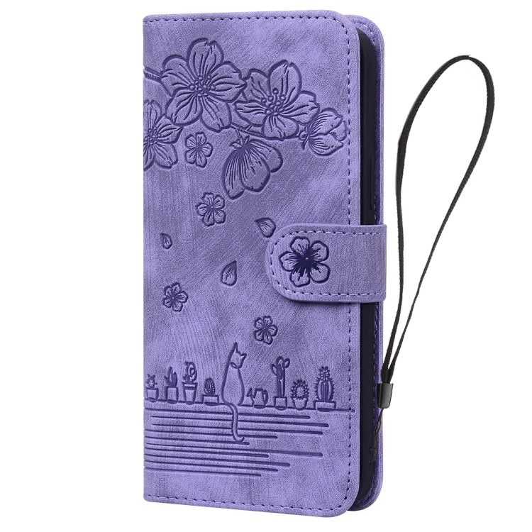 For iPhone 16 Pro Max Cartoon Sakura Cat Embossed Leather Phone Case(Purple) by buy2fix