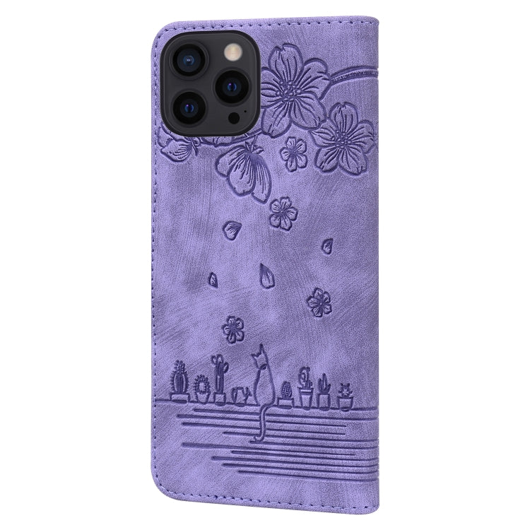 For iPhone 16 Pro Max Cartoon Sakura Cat Embossed Leather Phone Case(Purple) by buy2fix