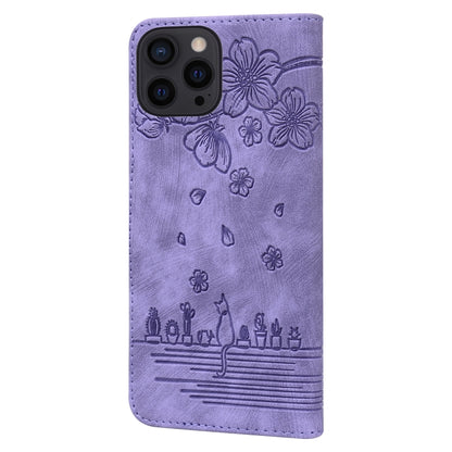For iPhone 16 Pro Max Cartoon Sakura Cat Embossed Leather Phone Case(Purple) by buy2fix