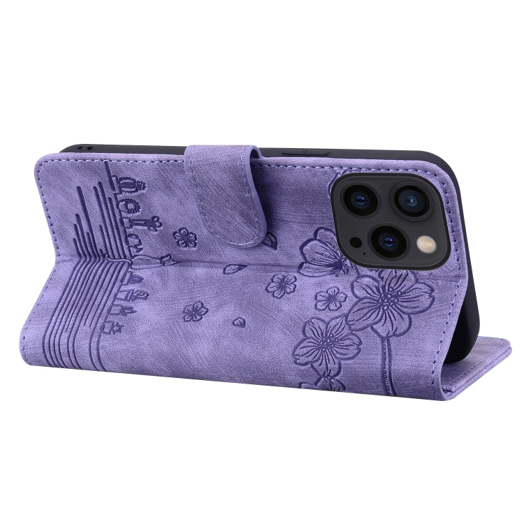 For iPhone 16 Pro Max Cartoon Sakura Cat Embossed Leather Phone Case(Purple) by buy2fix