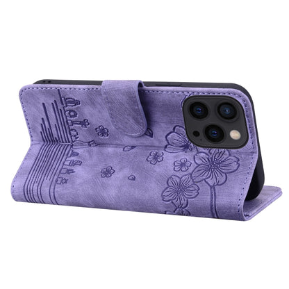 For iPhone 16 Pro Max Cartoon Sakura Cat Embossed Leather Phone Case(Purple) by buy2fix