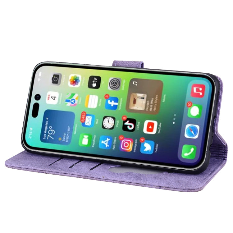 For iPhone 16 Pro Max Cartoon Sakura Cat Embossed Leather Phone Case(Purple) by buy2fix