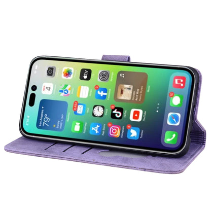 For iPhone 16 Pro Max Cartoon Sakura Cat Embossed Leather Phone Case(Purple) by buy2fix