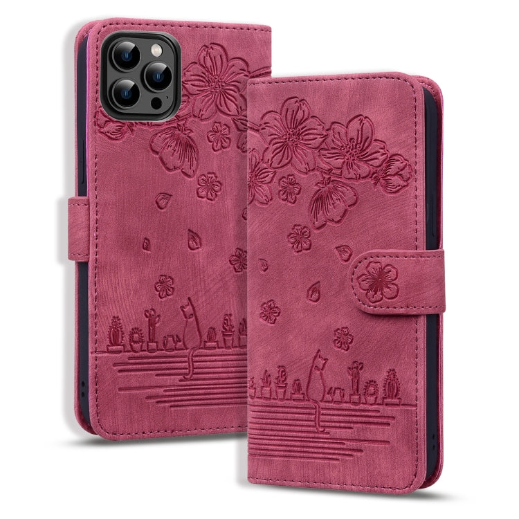 For iPhone 16 Pro Max Cartoon Sakura Cat Embossed Leather Phone Case(Wine Red) by buy2fix