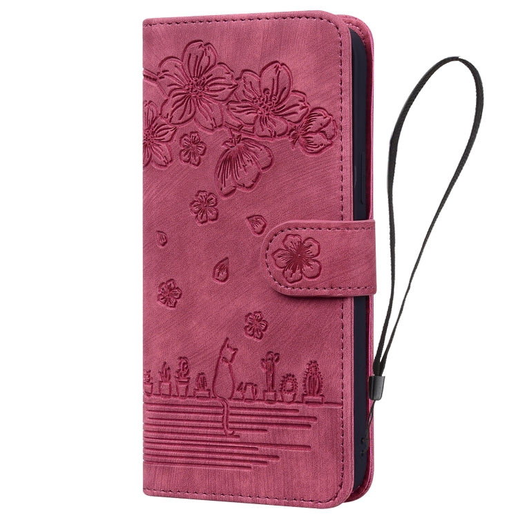 For iPhone 16 Pro Max Cartoon Sakura Cat Embossed Leather Phone Case(Wine Red) by buy2fix