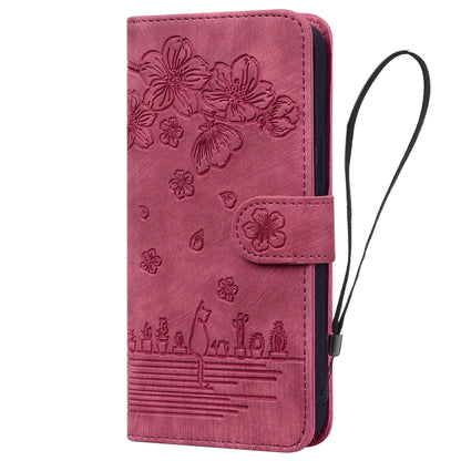 For iPhone 16 Pro Max Cartoon Sakura Cat Embossed Leather Phone Case(Wine Red) by buy2fix