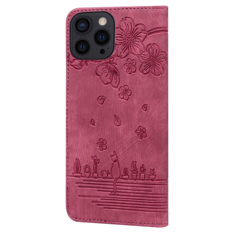 For iPhone 16 Pro Max Cartoon Sakura Cat Embossed Leather Phone Case(Wine Red) by buy2fix