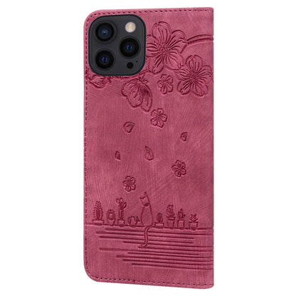 For iPhone 16 Pro Max Cartoon Sakura Cat Embossed Leather Phone Case(Wine Red) by buy2fix