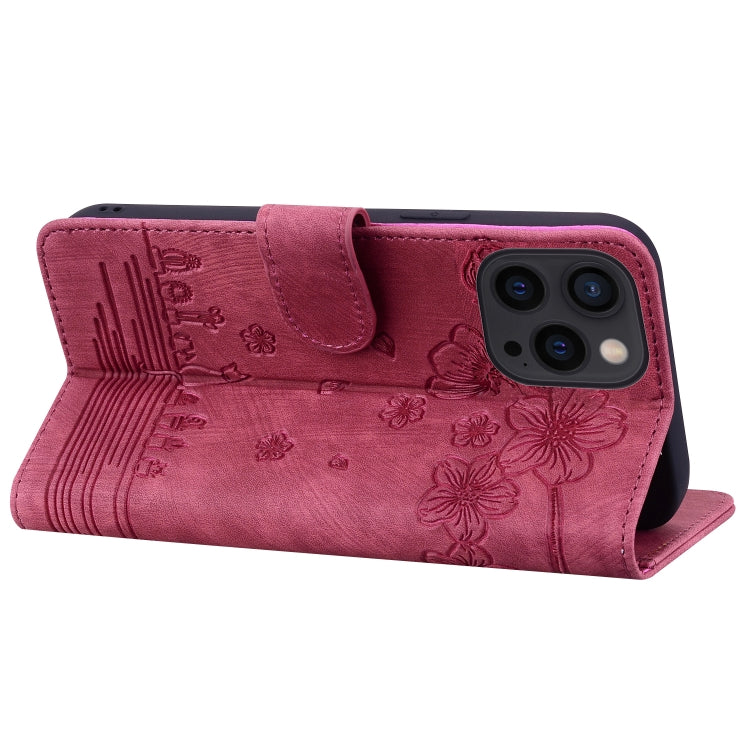 For iPhone 16 Pro Max Cartoon Sakura Cat Embossed Leather Phone Case(Wine Red) by buy2fix