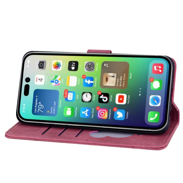 For iPhone 16 Pro Max Cartoon Sakura Cat Embossed Leather Phone Case(Wine Red) by buy2fix