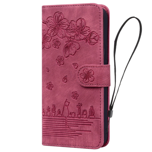 For iPhone 16 Pro Cartoon Sakura Cat Embossed Leather Phone Case(Wine Red) by buy2fix