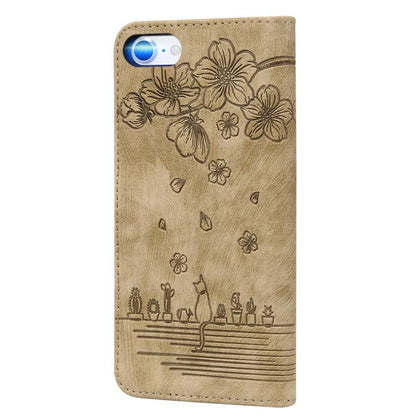 For iPhone 16e Cartoon Sakura Cat Embossed Leather Phone Case(Brown) - iPhone 16e Cases by buy2fix | Online Shopping UK | buy2fix
