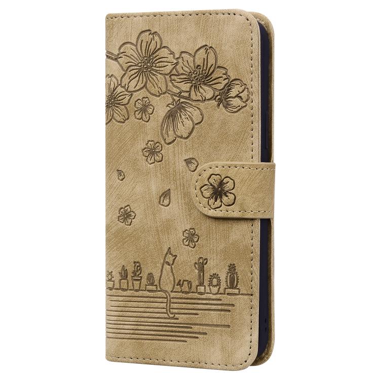 For iPhone 16e Cartoon Sakura Cat Embossed Leather Phone Case(Brown) - iPhone 16e Cases by buy2fix | Online Shopping UK | buy2fix