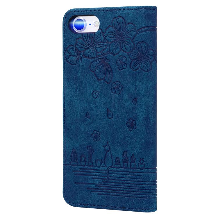 For iPhone 16e Cartoon Sakura Cat Embossed Leather Phone Case(Royal Blue) - iPhone 16e Cases by buy2fix | Online Shopping UK | buy2fix