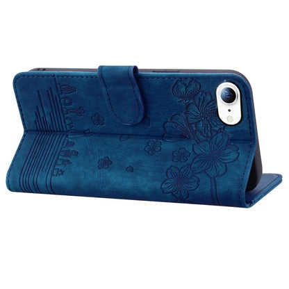 For iPhone 16e Cartoon Sakura Cat Embossed Leather Phone Case(Royal Blue) - iPhone 16e Cases by buy2fix | Online Shopping UK | buy2fix