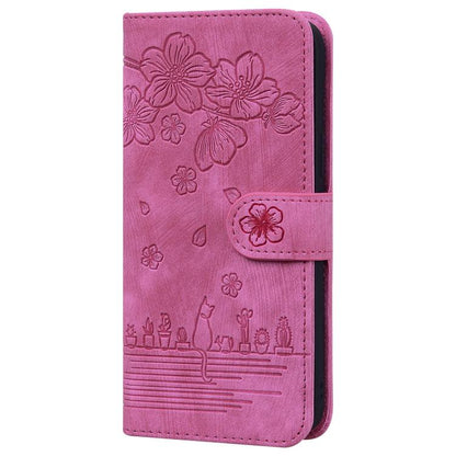 For iPhone 16e Cartoon Sakura Cat Embossed Leather Phone Case(Rose Red) - iPhone 16e Cases by buy2fix | Online Shopping UK | buy2fix