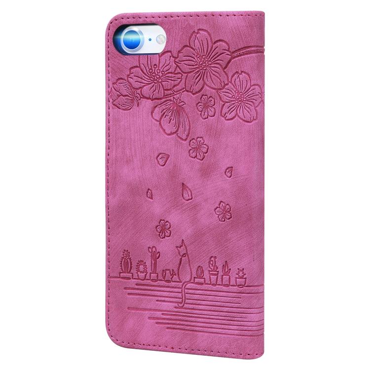 For iPhone 16e Cartoon Sakura Cat Embossed Leather Phone Case(Rose Red) - iPhone 16e Cases by buy2fix | Online Shopping UK | buy2fix