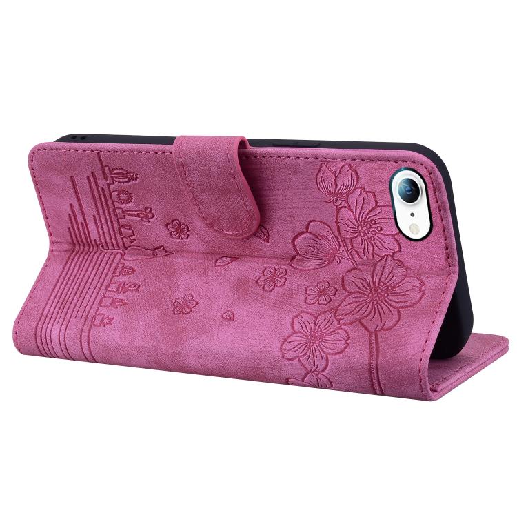 For iPhone 16e Cartoon Sakura Cat Embossed Leather Phone Case(Rose Red) - iPhone 16e Cases by buy2fix | Online Shopping UK | buy2fix