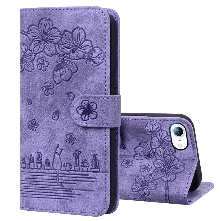 For iPhone 16e Cartoon Sakura Cat Embossed Leather Phone Case(Purple) - iPhone 16e Cases by buy2fix | Online Shopping UK | buy2fix