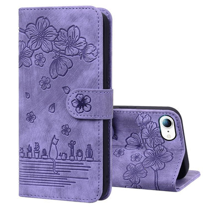 For iPhone 16e Cartoon Sakura Cat Embossed Leather Phone Case(Purple) - iPhone 16e Cases by buy2fix | Online Shopping UK | buy2fix