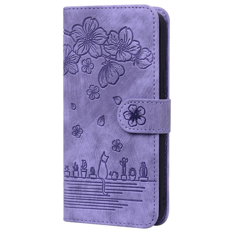 For iPhone 16e Cartoon Sakura Cat Embossed Leather Phone Case(Purple) - iPhone 16e Cases by buy2fix | Online Shopping UK | buy2fix