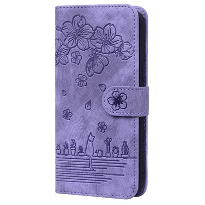 For iPhone 16e Cartoon Sakura Cat Embossed Leather Phone Case(Purple) - iPhone 16e Cases by buy2fix | Online Shopping UK | buy2fix