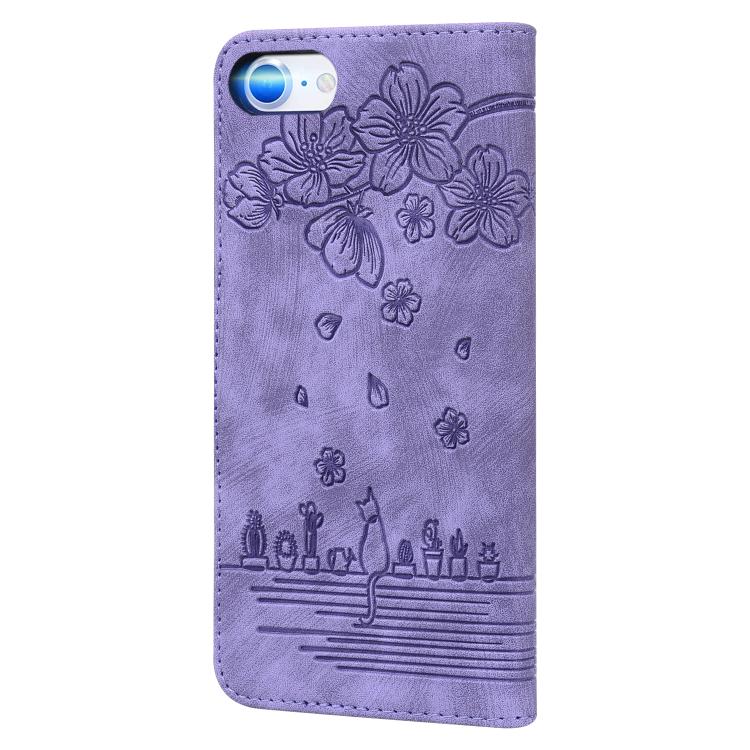 For iPhone 16e Cartoon Sakura Cat Embossed Leather Phone Case(Purple) - iPhone 16e Cases by buy2fix | Online Shopping UK | buy2fix