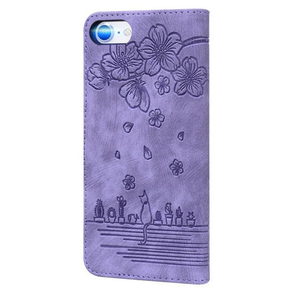 For iPhone 16e Cartoon Sakura Cat Embossed Leather Phone Case(Purple) - iPhone 16e Cases by buy2fix | Online Shopping UK | buy2fix