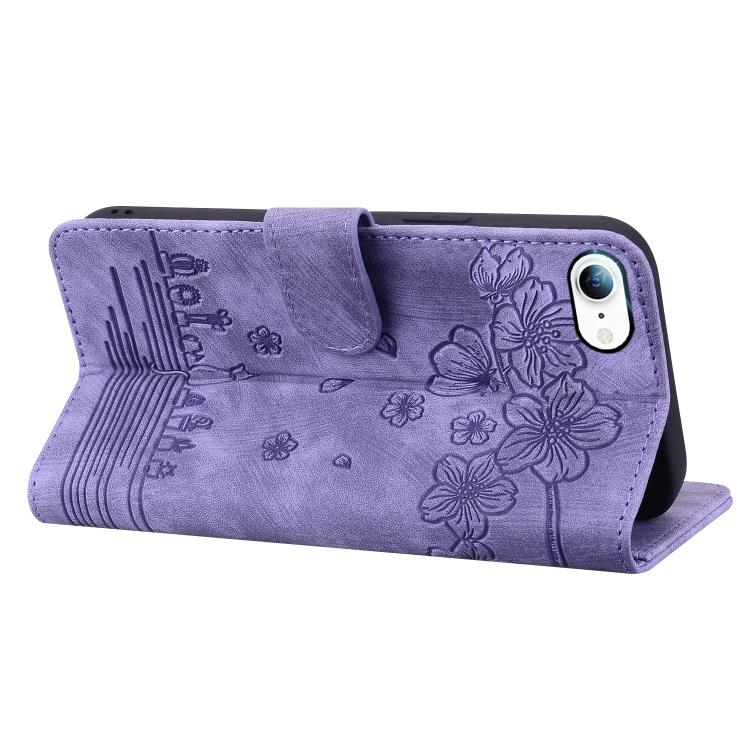 For iPhone 16e Cartoon Sakura Cat Embossed Leather Phone Case(Purple) - iPhone 16e Cases by buy2fix | Online Shopping UK | buy2fix