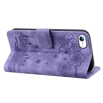 For iPhone 16e Cartoon Sakura Cat Embossed Leather Phone Case(Purple) - iPhone 16e Cases by buy2fix | Online Shopping UK | buy2fix