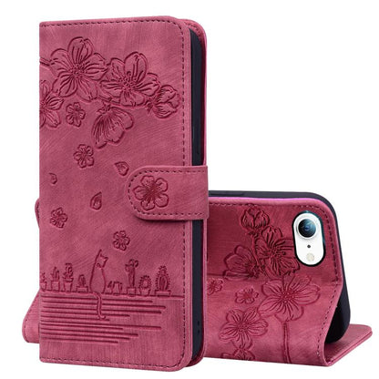 For iPhone 16e Cartoon Sakura Cat Embossed Leather Phone Case(Wine Red) - iPhone 16e Cases by buy2fix | Online Shopping UK | buy2fix
