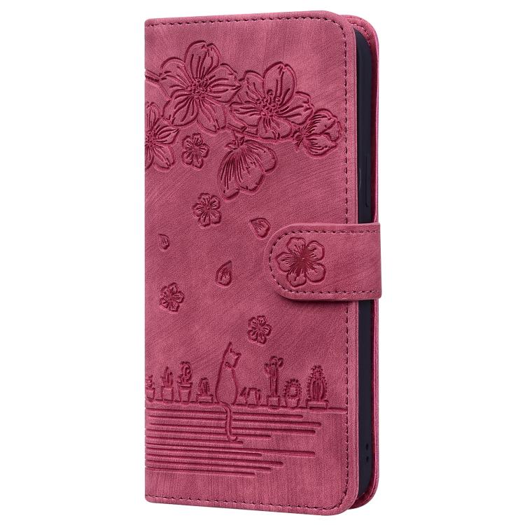 For iPhone 16e Cartoon Sakura Cat Embossed Leather Phone Case(Wine Red) - iPhone 16e Cases by buy2fix | Online Shopping UK | buy2fix