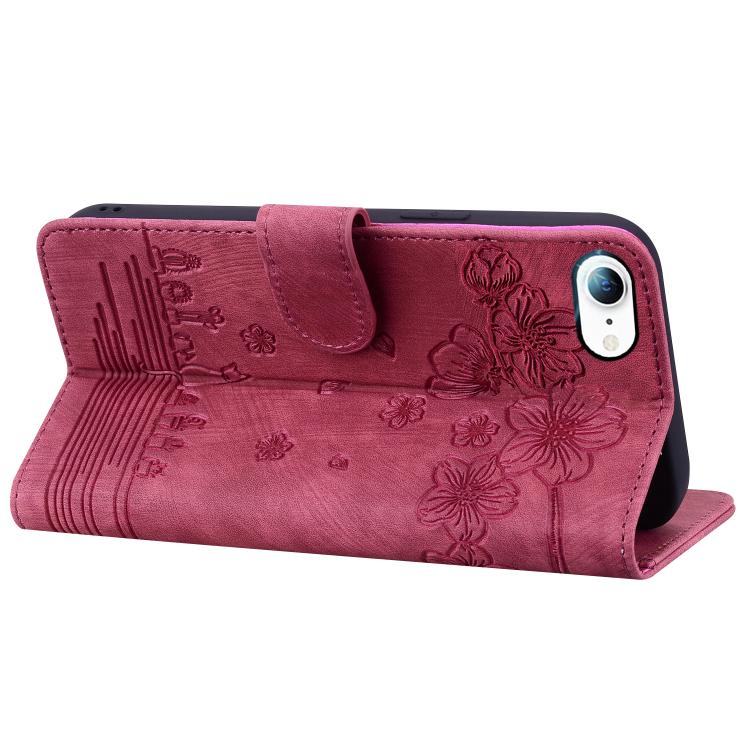 For iPhone 16e Cartoon Sakura Cat Embossed Leather Phone Case(Wine Red) - iPhone 16e Cases by buy2fix | Online Shopping UK | buy2fix