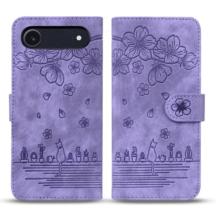 For iPhone Air Cartoon Sakura Cat Embossed Leather Phone Case(Purple) - iPhone Air Cases by buy2fix | Online Shopping UK | buy2fix