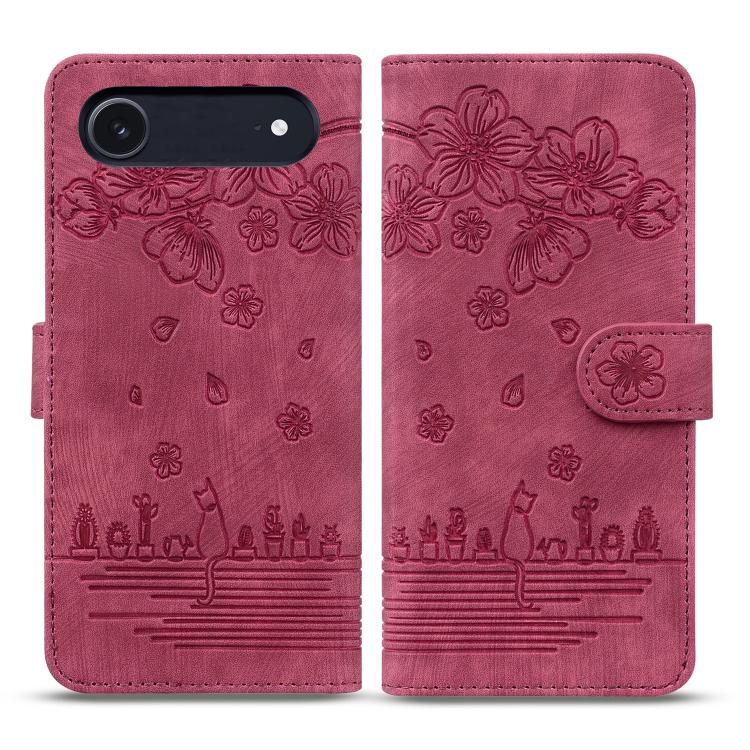 For iPhone Air Cartoon Sakura Cat Embossed Leather Phone Case(Wine Red) - iPhone Air Cases by buy2fix | Online Shopping UK | buy2fix