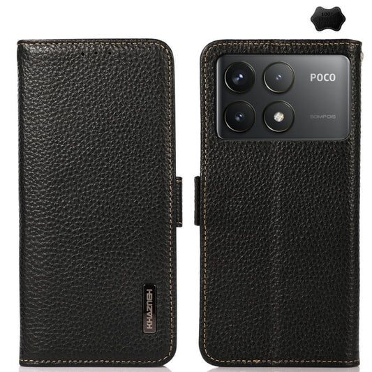 For Xiaomi Redmi K70 Pro KHAZNEH Side-Magnetic Litchi Genuine Leather RFID Phone Case(Black) - Xiaomi Cases by buy2fix | Online Shopping UK | buy2fix