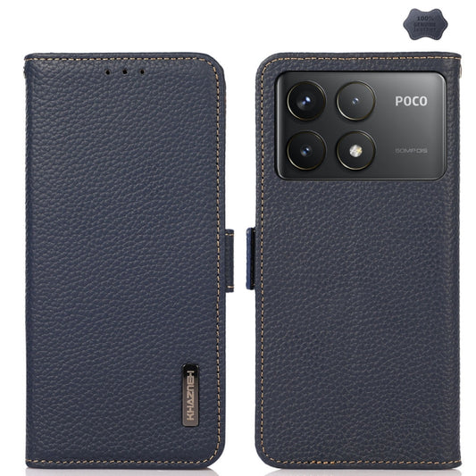 For Xiaomi Redmi K70 Pro KHAZNEH Side-Magnetic Litchi Genuine Leather RFID Phone Case(Blue) - Xiaomi Cases by buy2fix | Online Shopping UK | buy2fix