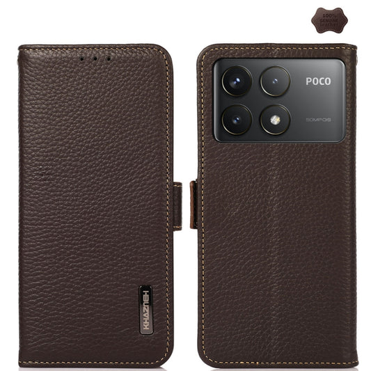 For Xiaomi Redmi K70 Pro KHAZNEH Side-Magnetic Litchi Genuine Leather RFID Phone Case(Brown) - Xiaomi Cases by buy2fix | Online Shopping UK | buy2fix
