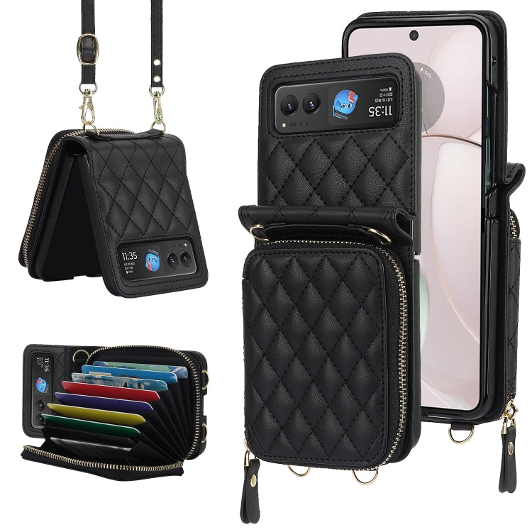 For Motorola Razr 40 Rhombic Texture Card Bag Phone Case with Dual Lanyard(Black) by buy2fix
