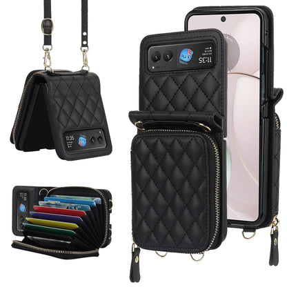 For Motorola Razr 40 Rhombic Texture Card Bag Phone Case with Dual Lanyard(Black) by buy2fix