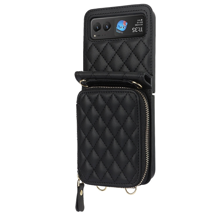 For Motorola Razr 40 Rhombic Texture Card Bag Phone Case with Dual Lanyard(Black) by buy2fix