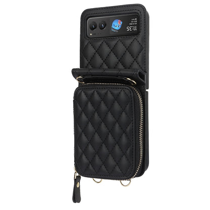 For Motorola Razr 40 Rhombic Texture Card Bag Phone Case with Dual Lanyard(Black) by buy2fix