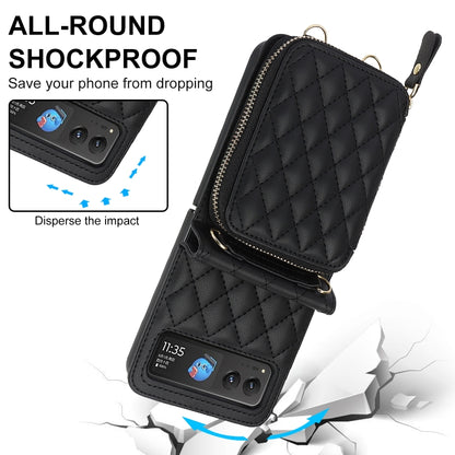 For Motorola Razr 40 Rhombic Texture Card Bag Phone Case with Dual Lanyard(Black) by buy2fix