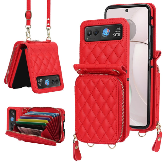 For Motorola Razr 40 Rhombic Texture Card Bag Phone Case with Dual Lanyard(Red) - Motorola Cases by buy2fix | Online Shopping UK | buy2fix